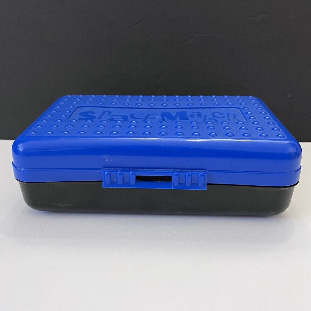 SpaceMaker Pencil Box Blue Top Black Bottom Bumpy Plastic Storage Container 90s